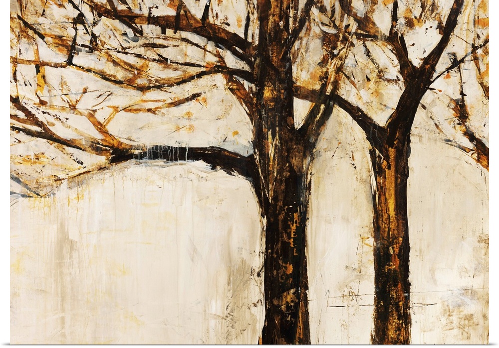 Contemporary artwork of a line of three bare trees painted against an off white background.