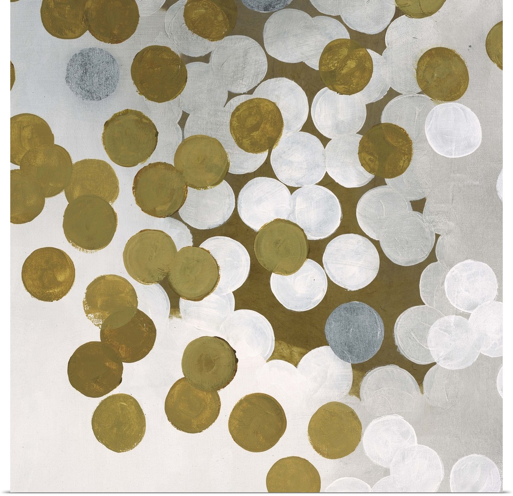 Contemporary abstract artwork made of white and gold dots.
