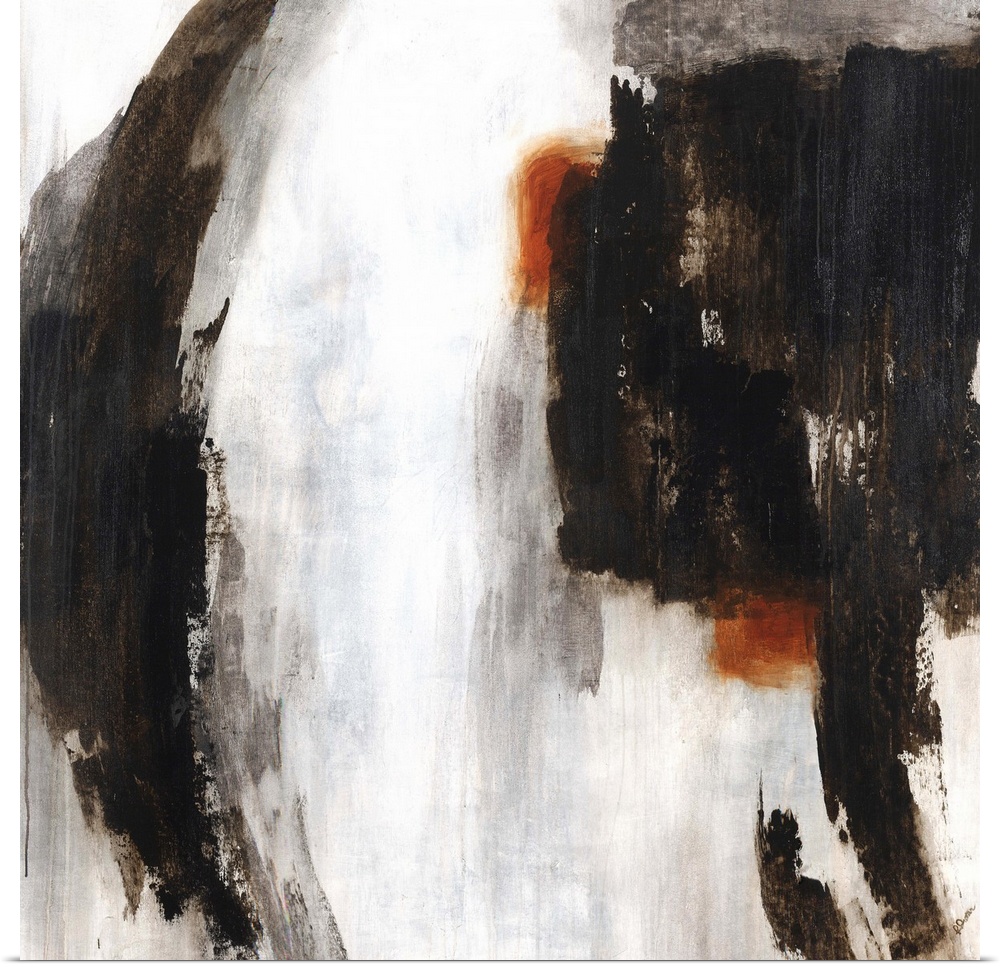 Contemporary abstract painting of bold dark paint strokes with hints of orange against a neutral background.