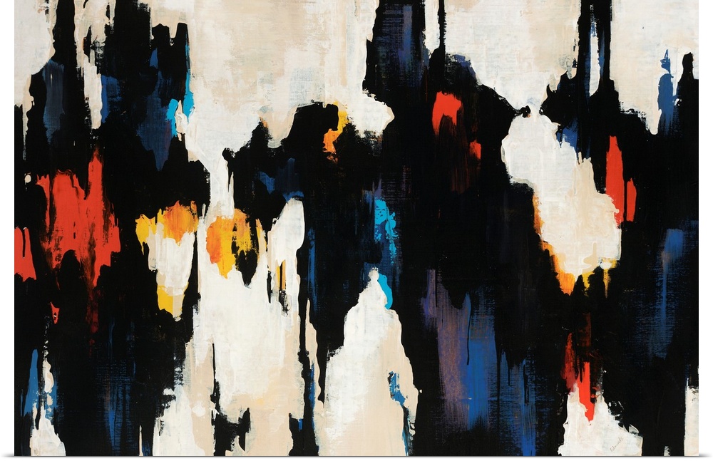 Abstract artwork with a cave like appearance that is mostly black streaks of paint with some colors highlighted in it.