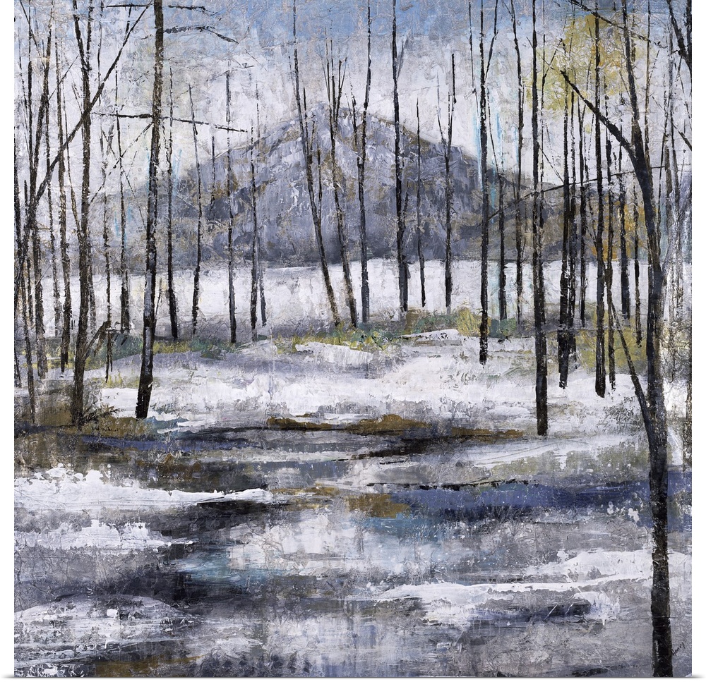 Contemporary painting of a Winter landscape with bare trees, snow on the ground, and a mountain in the background.