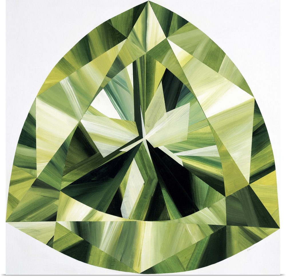 A painting of a green, trilliant shaped gemstone.
