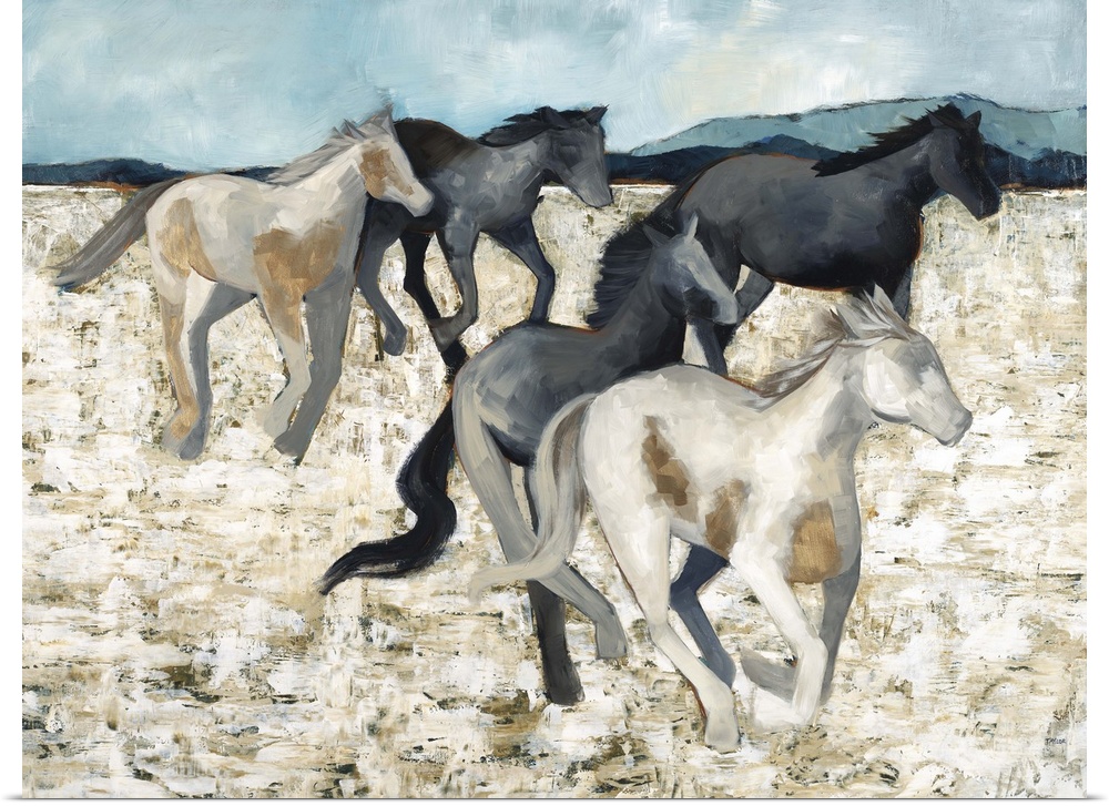 Contemporary painting of a herd of galloping horses.