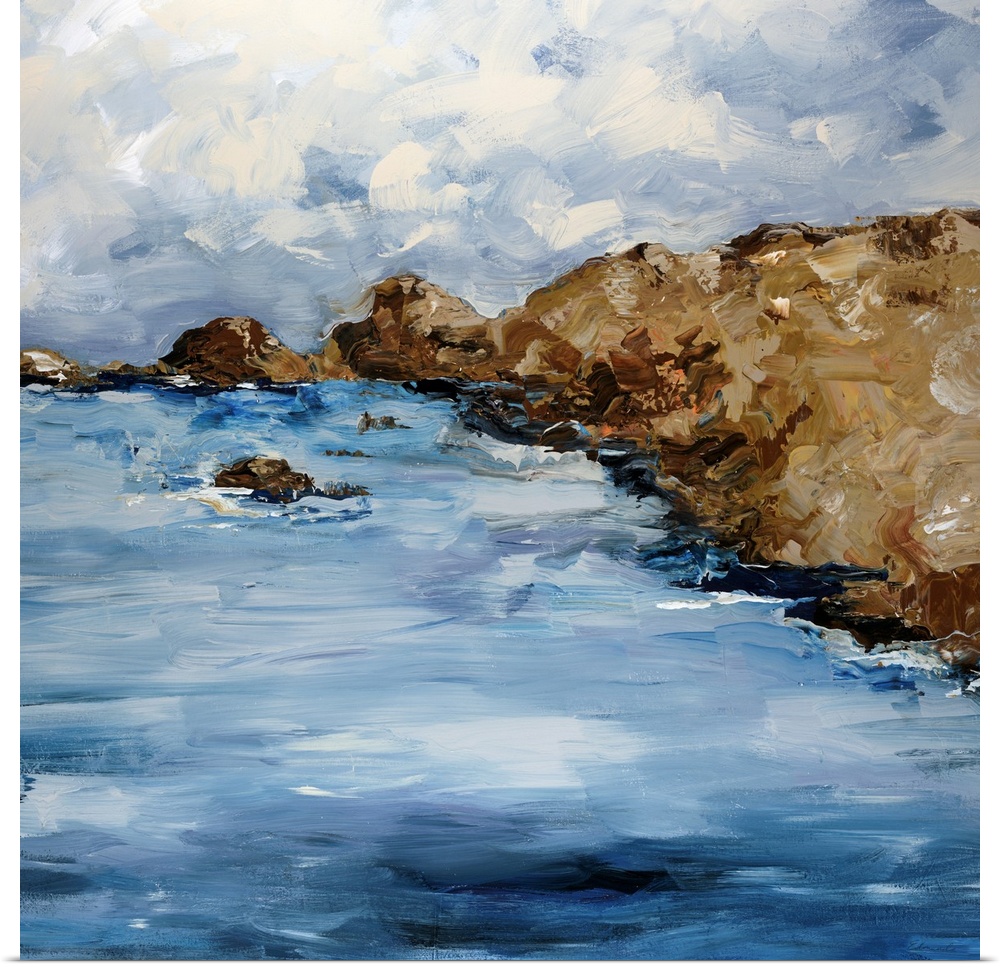 Square, giant painting of a rocky coastline beneath a cloudy sky, painted with large, layered, directional brushstrokes.