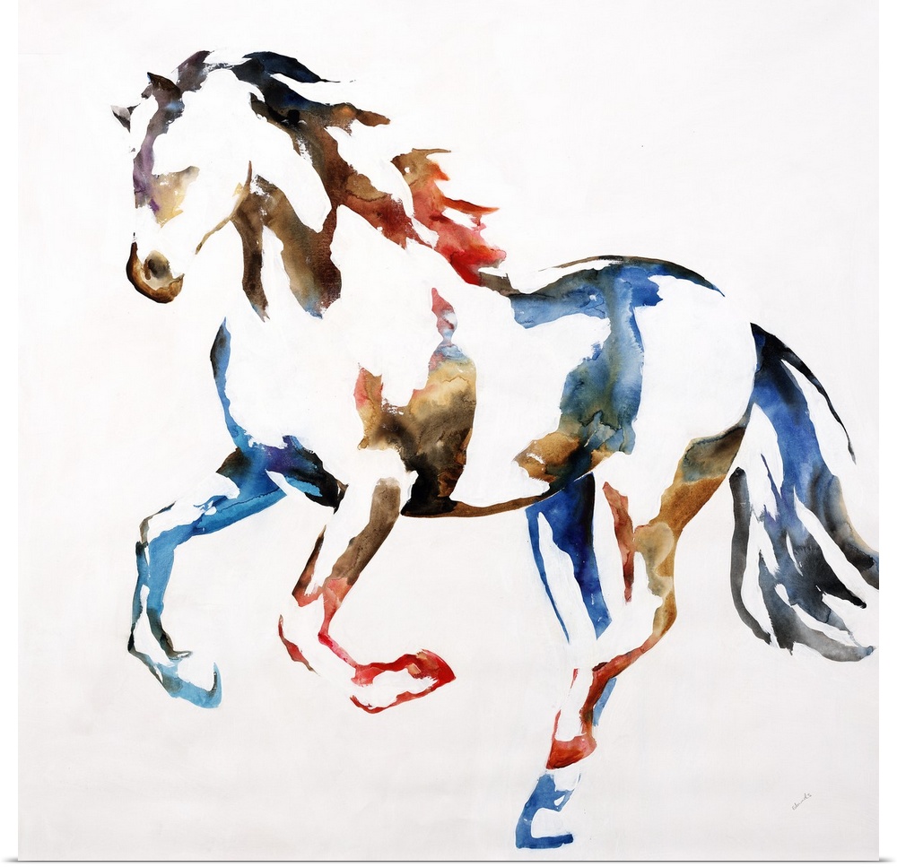 Square artwork with a colorful silhouette of a horse on a white background.