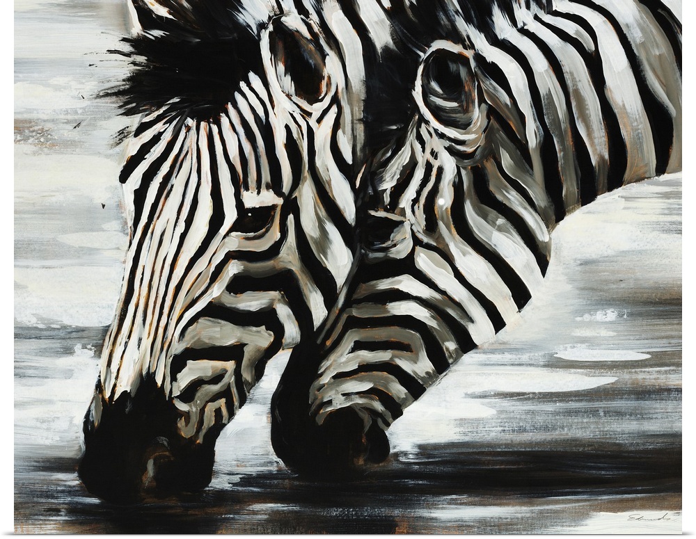 Giant, horizontal painting of two zebras heads as they are bent down to drink water, closely together.