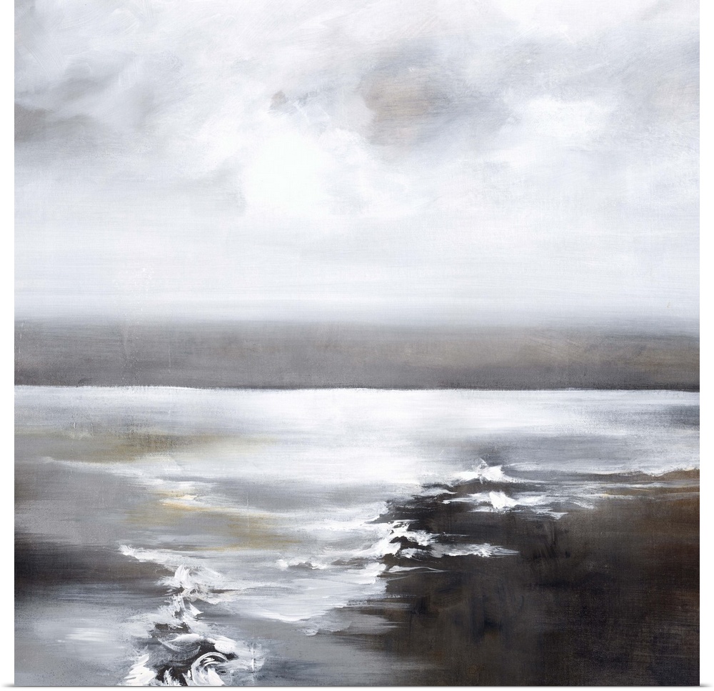 Contemporary painting of a calm seascape with grey tones.