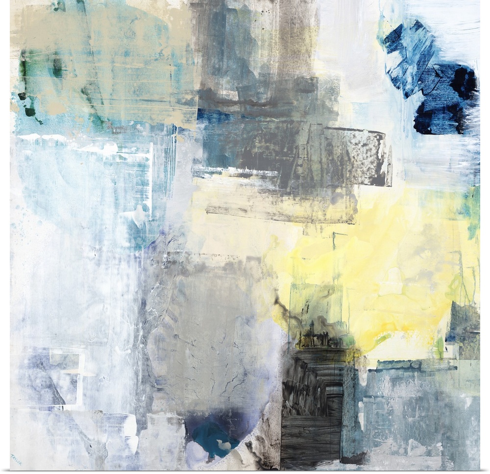 Contemporary abstract painting with pale paint textures layered next to and on top of each other with pops of blue.