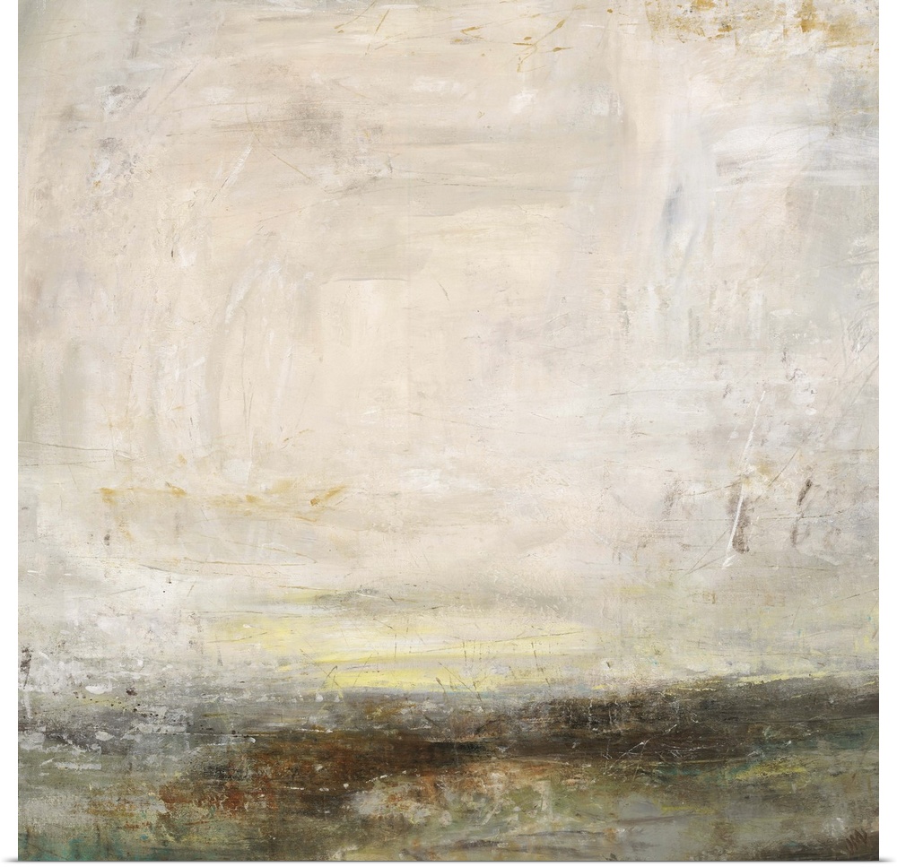 Abstract painting of a bare landscape beneath a light, cloudy sky as the sun is setting on the horizon.