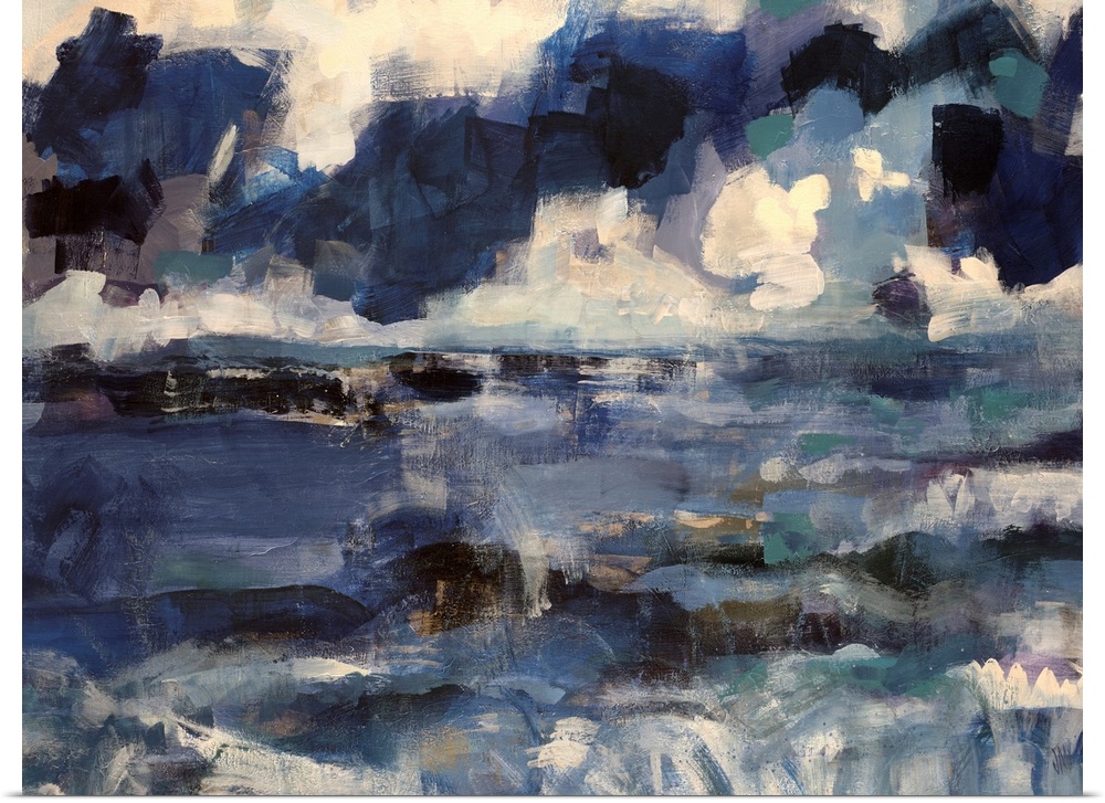Abstract artwork that uses various shades of blue that depict an ocean below with a cloudy sky above.