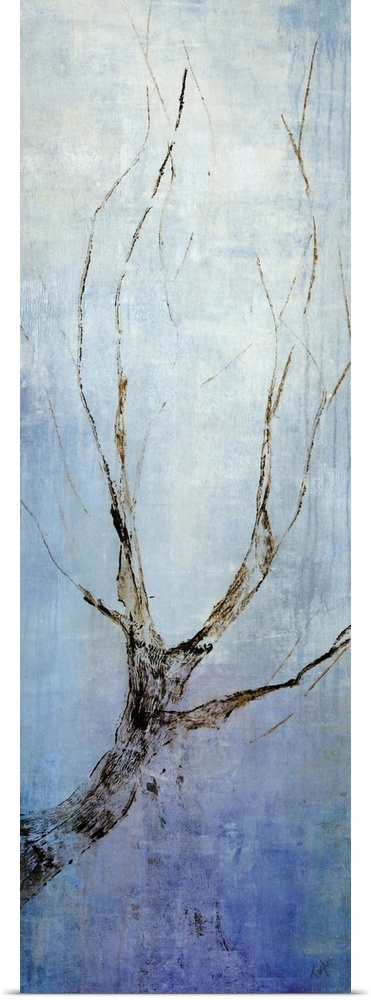 Contemporary artwork with a single bare tree branch going vertically and a blue background.