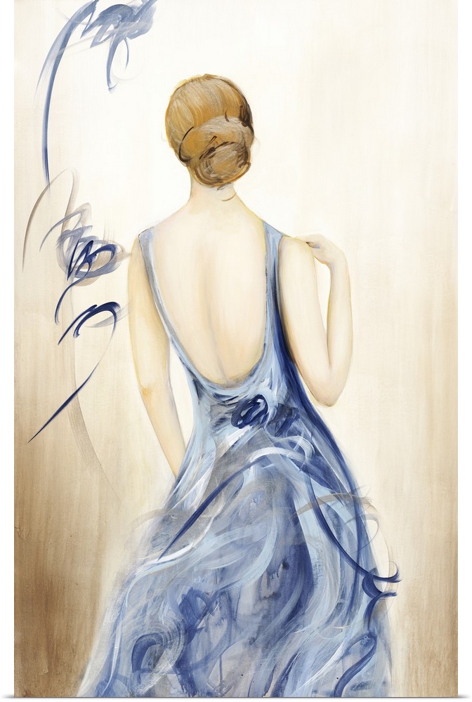 Large painting of a woman in a blue dress with her back towards the viewer.