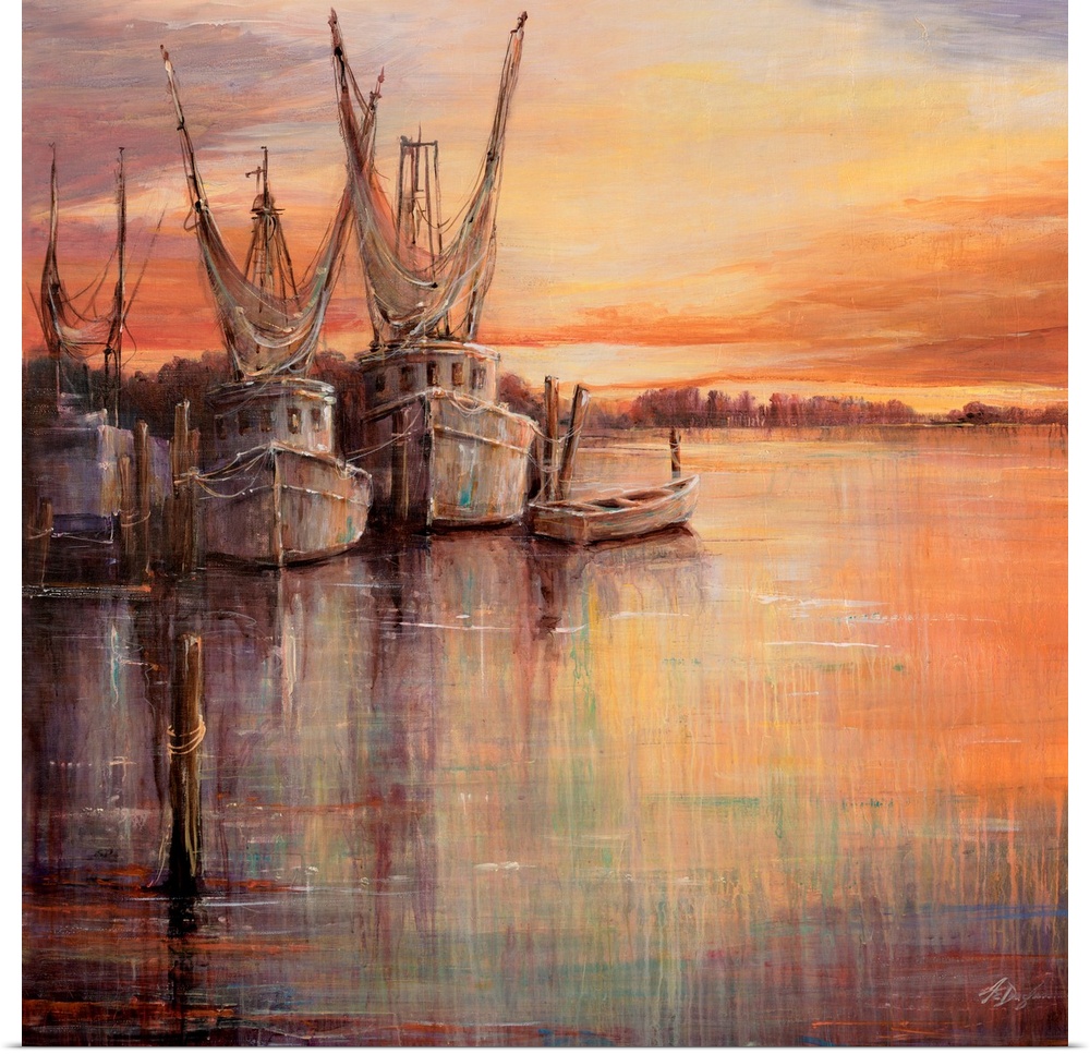 Painting of old sailboats docked at sunset under a colorful cloudy sky.
