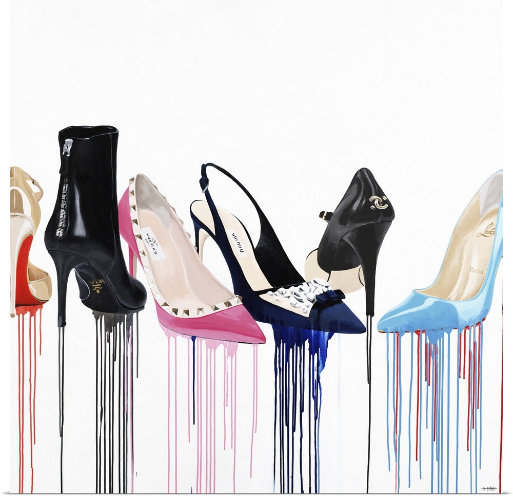Square artwork with a row of fashionable designer high heel shoes that each have paint dripping from the sole to the botto...