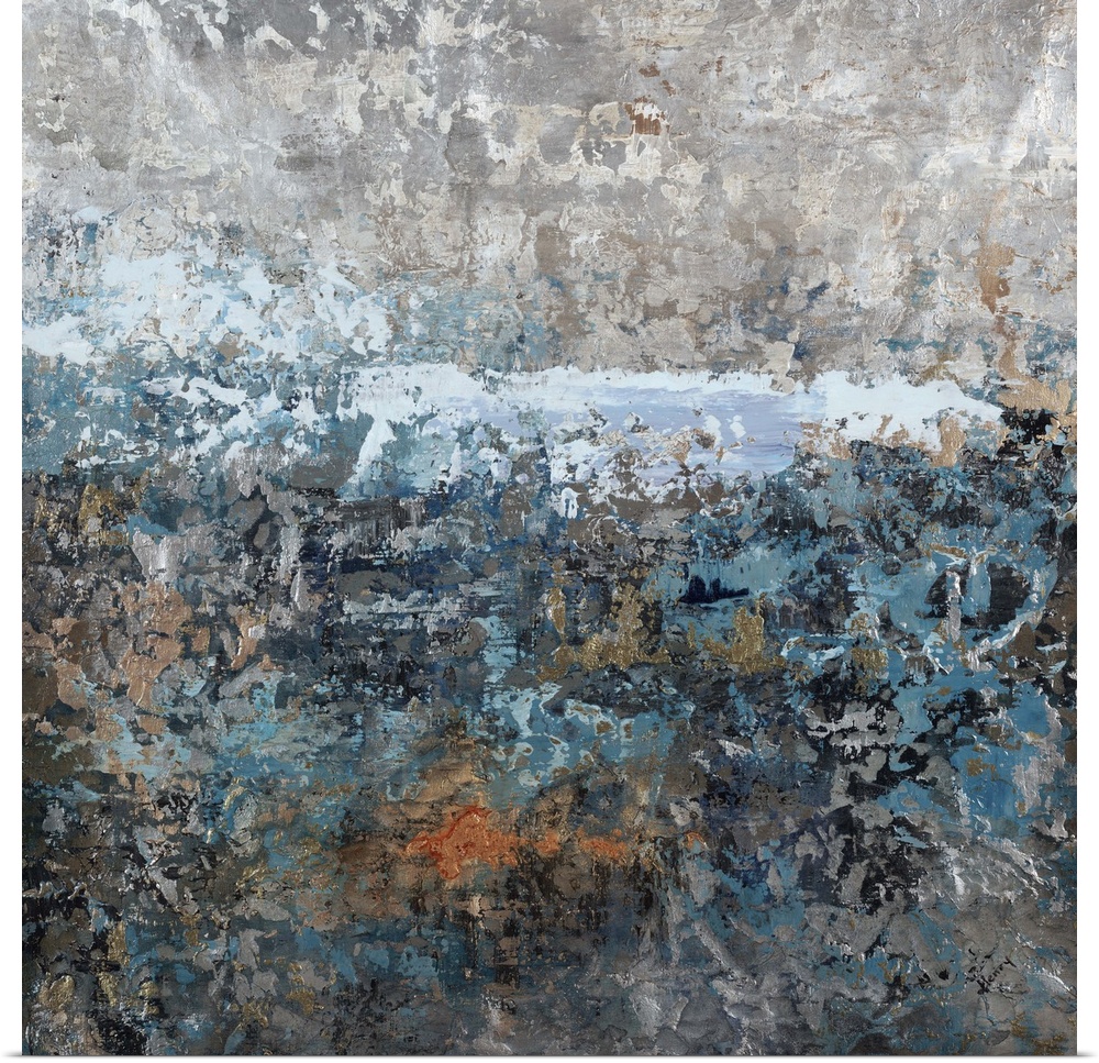 Abstract painting using textured looking blue and gray tones to form what almost appears as a landscape.