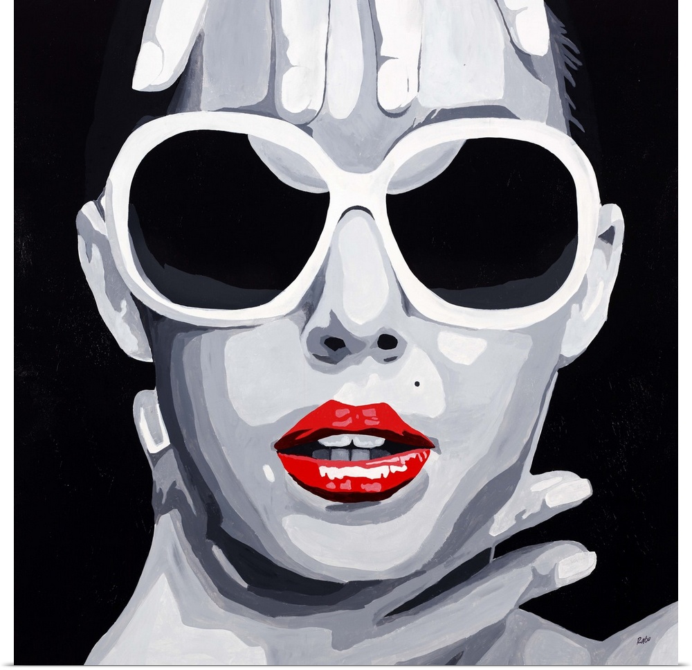 Contemporary pop artwork of a woman's face with large sunglasses, framed by her hands.
