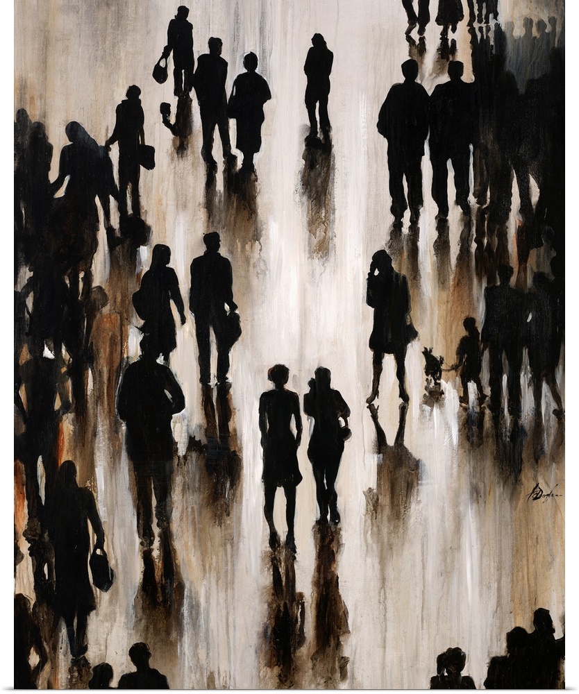 Contemporary painting of silhouetted figures casting shadows, all appearing as if motion.