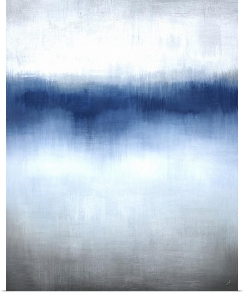 Contemporary abstract painting of a blue horizon line that blends into a light neutral area above and below, then graduall...