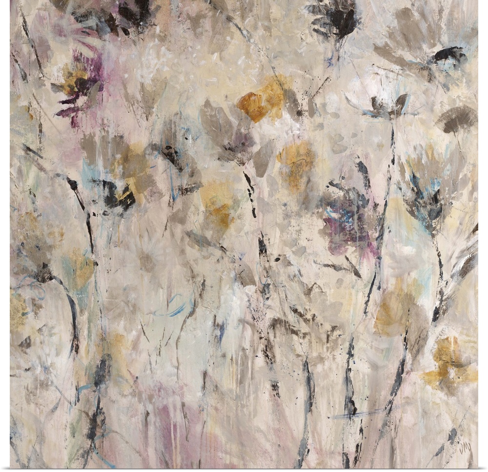 Contemporary abstract painting using predominant earth tones mixed with hints of color creating abstract flowers.