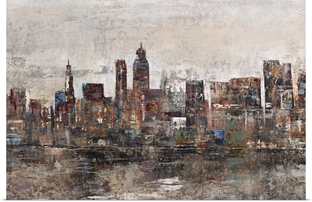 Contemporary painting of a cityscape reflecting in the water found in the foreground, beneath a light, cloudy sky.