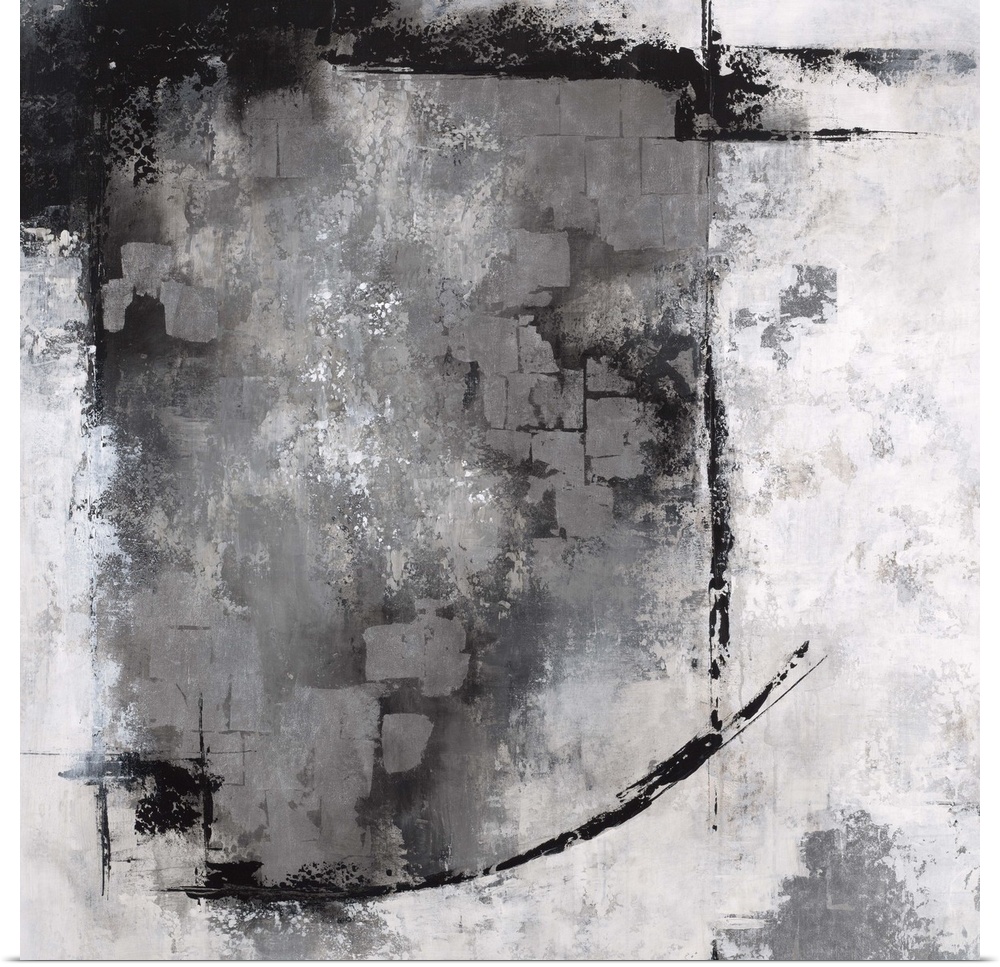 Abstract contemporary artwork in grey, black, and white, with a heavy textured effect.