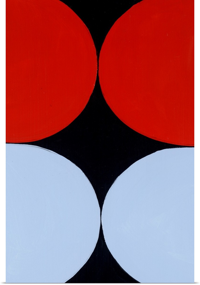 Geometric abstract painting that has a solid black background and four large circles running off the sides, two red and tw...