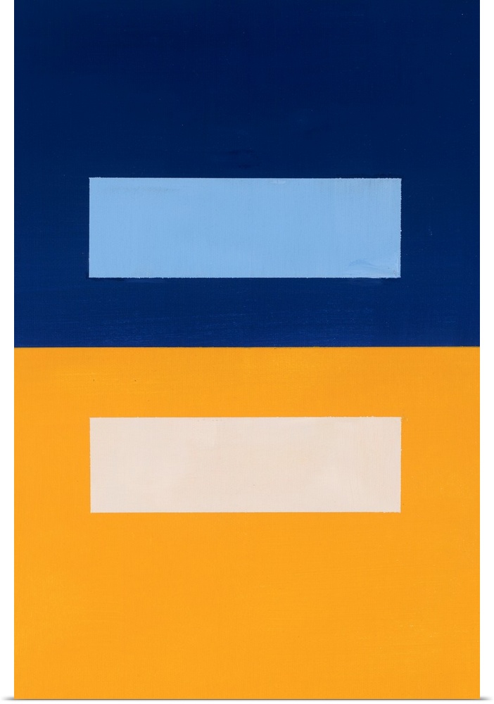 Geometric abstract painting that has a background split into two square halves in gold and navy with a rectangle inside each.