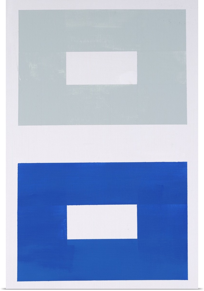 Geometric abstract painting that has a solid white background and two big squares with white rectangles inside each.