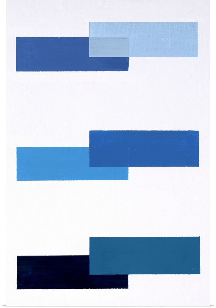 Geometric abstract painting with a solid white background and various shades of blue rectangles placed in a pattern.