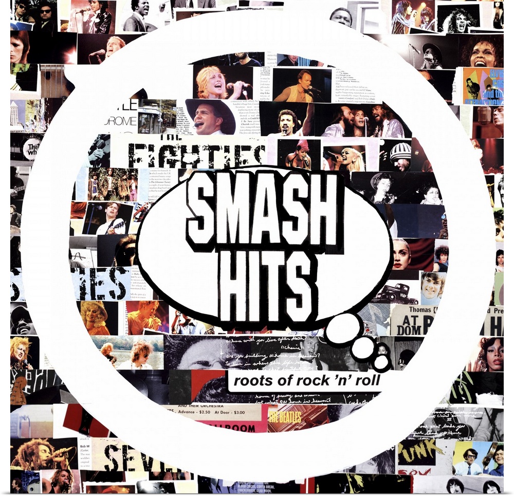 A square collage with "Smash Hits" in the center and images of famous musicians in the background.