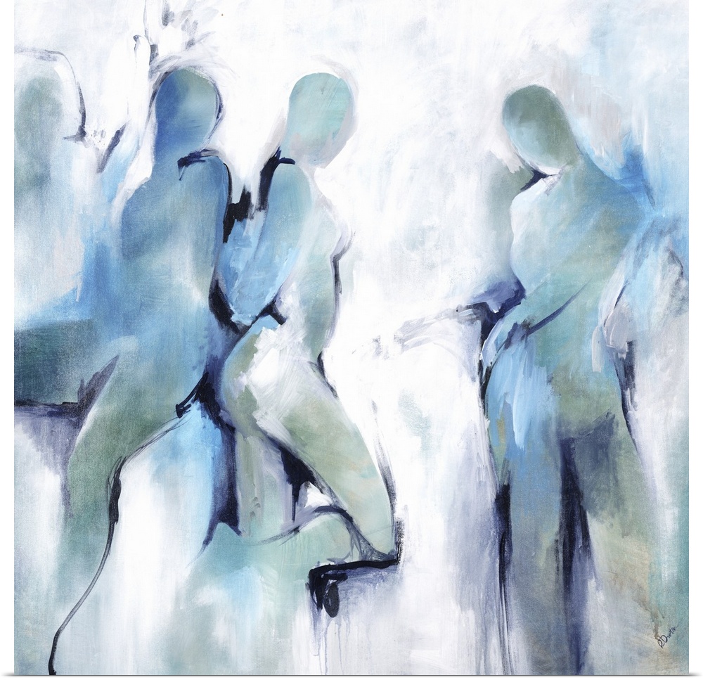An abstract painting of shapes of people in black lines and blue brush strokes.