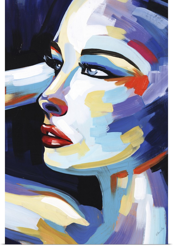 Abstract painting of a female creating a triangular shape with her arm, created with different colors and small brushstrok...