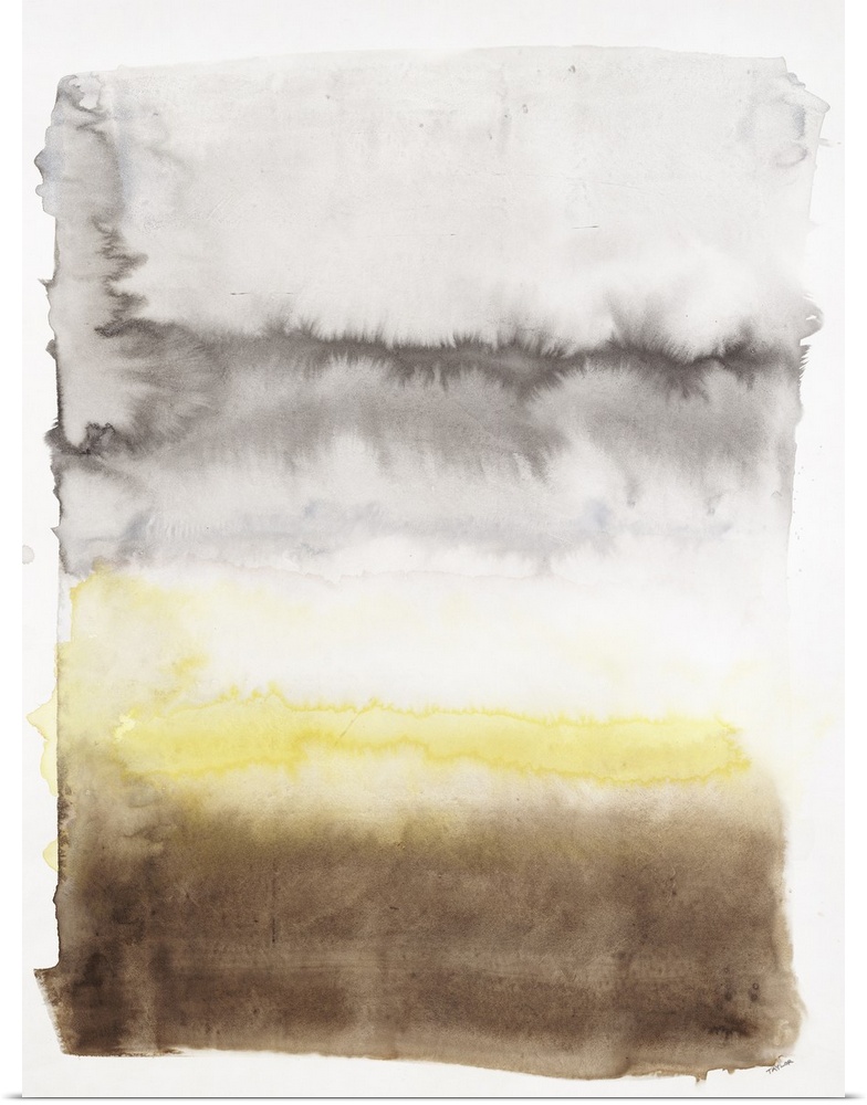 Contemporary watercolor painting of horizontal blending brush strokes of brown, yellow and gray.