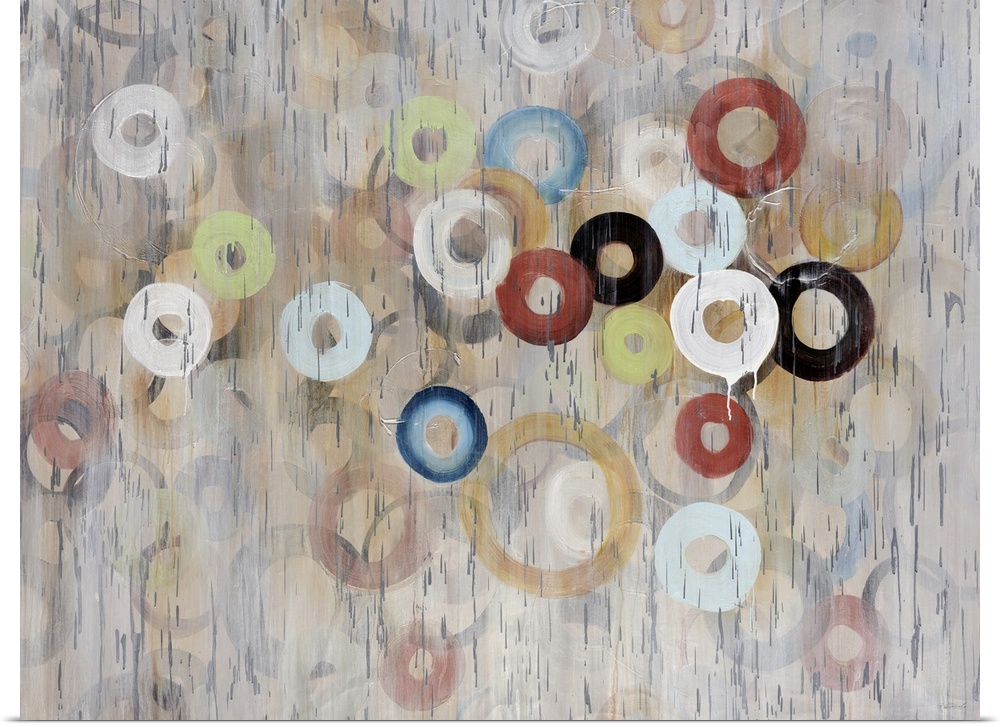 Oversized, contemporary, horizontal painting of a large cluster of circles in various sizes and colors, on a neutral backg...