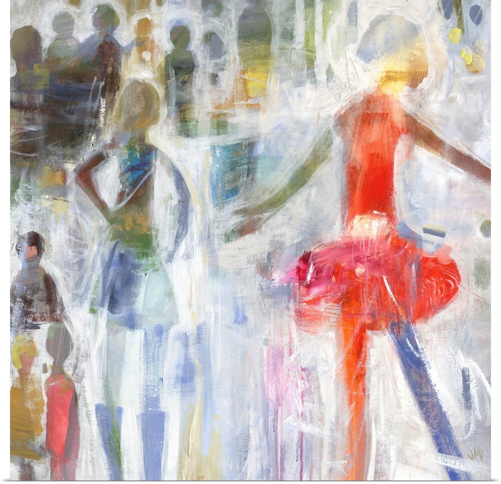 Contemporary painting of several figures watching a dancer in a red dress.