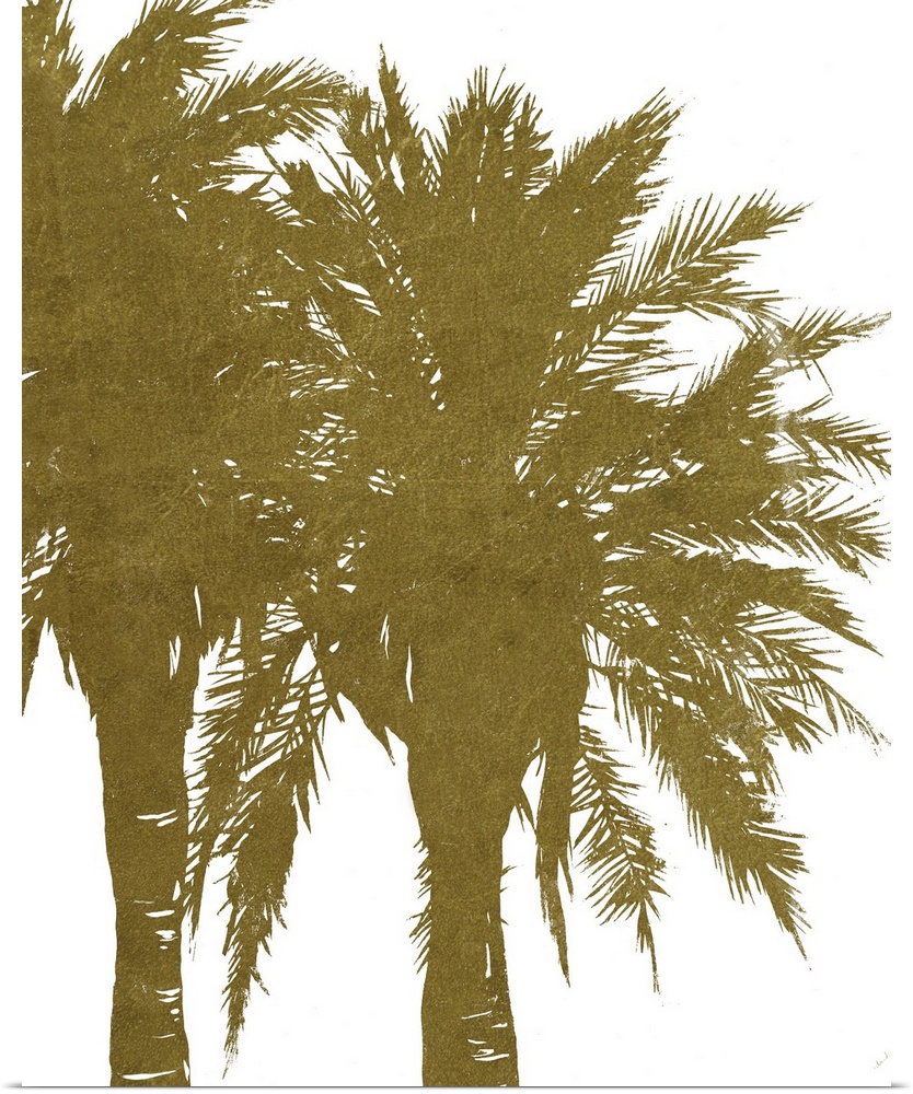 Vertical painting of palms trees in gold.
