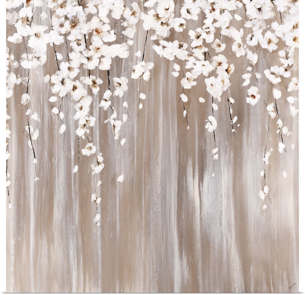 Contemporary abstract painting resembling white flowers falling down through golden lines.