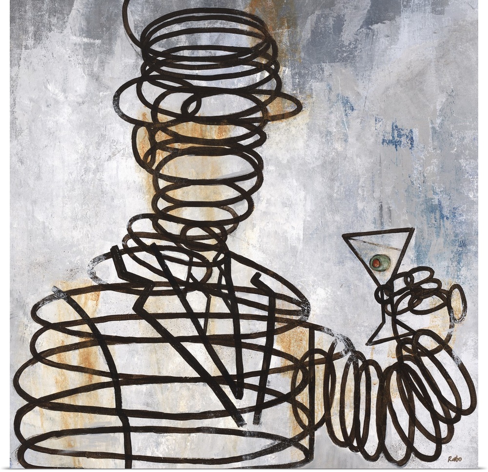 Contemporary painting of a male figure comprised of metal springs, holding a martini.