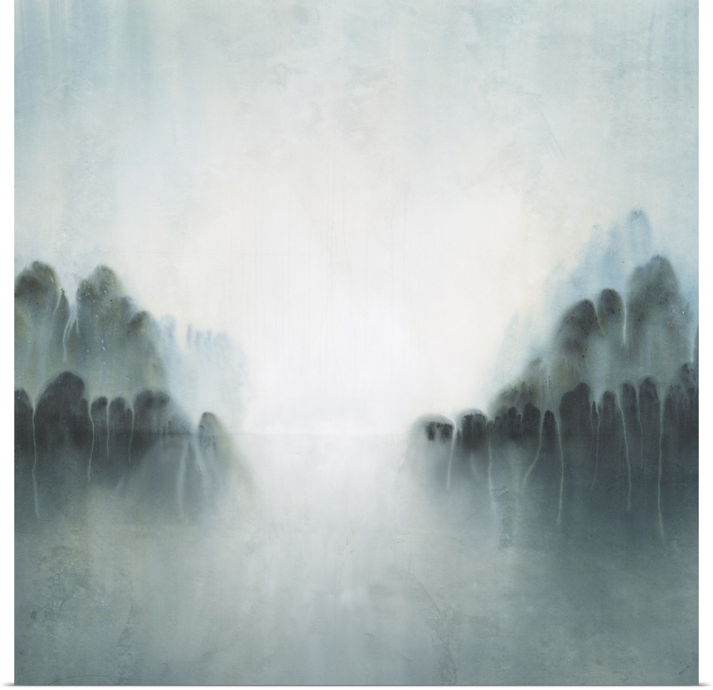 An abstract landscape of a misty spring morning along a lake lined by trees.