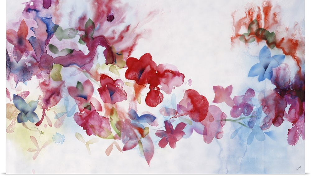 Large horizontal artwork of colorful flowers of red, pink and blue fading into the white background.
