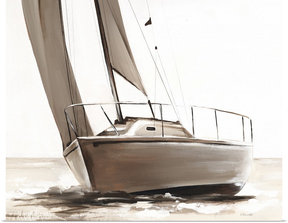 Sepia toned painting of a sailboat on the open waters.