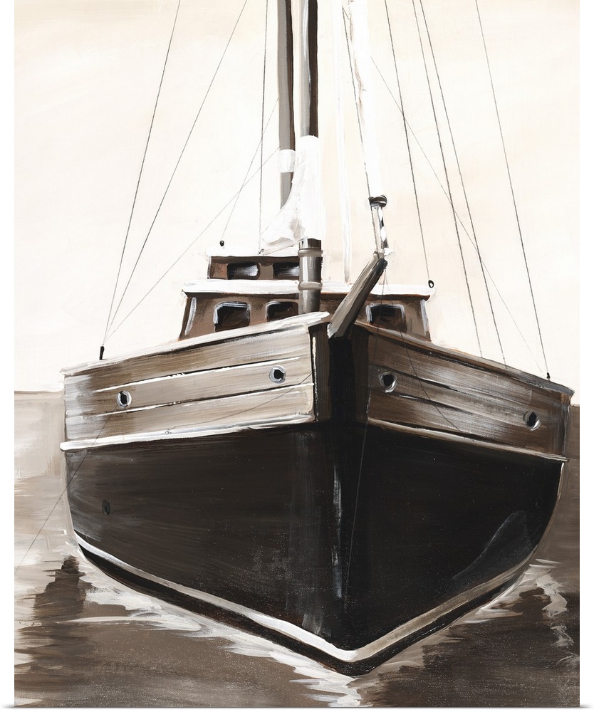 Sepia toned painting of the front of a sailboat.