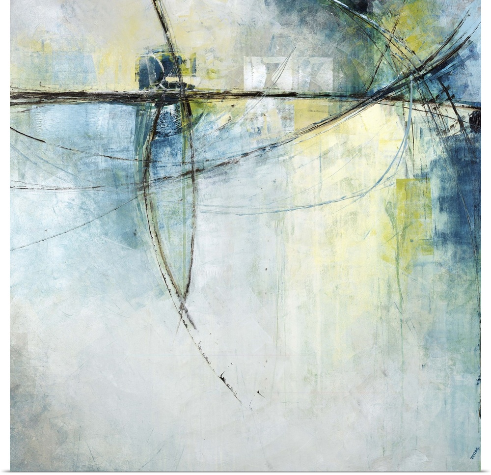 Contemporary abstract painting of thin black lines against a faded green and blue background.