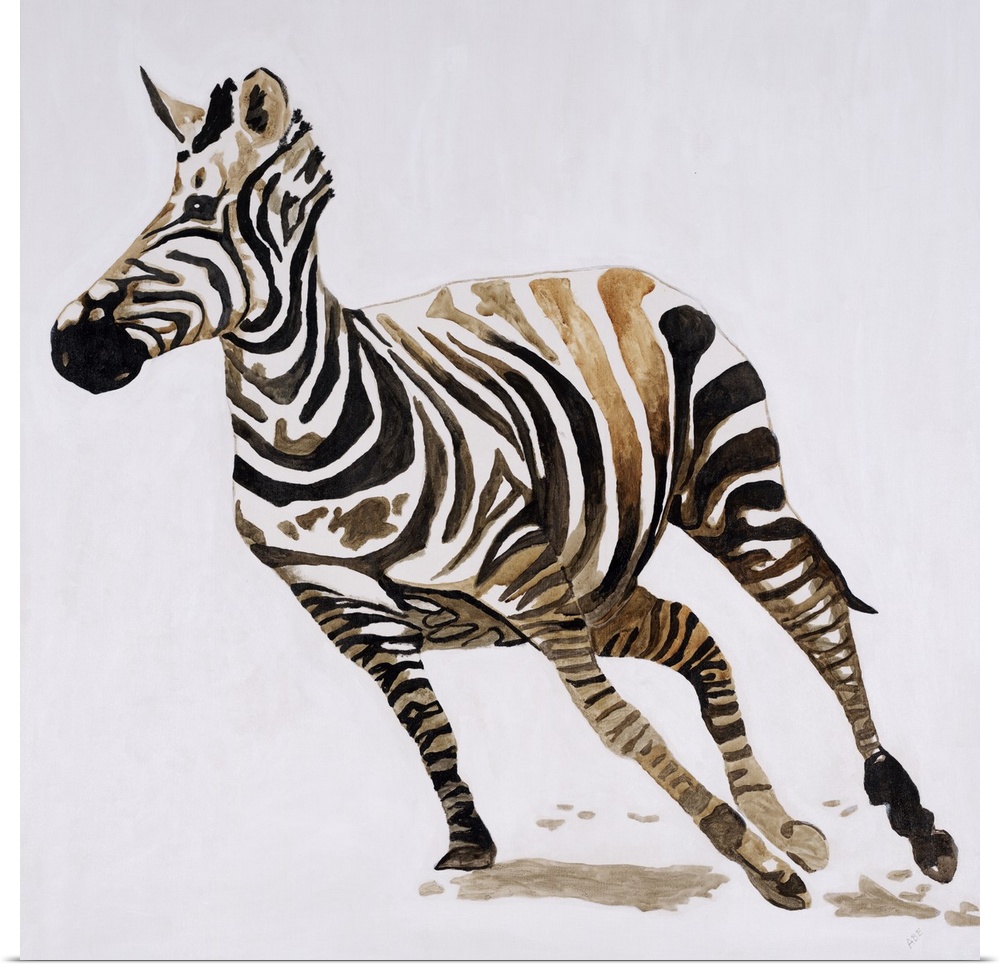 Square contemporary abstract painting of a zebra in motion made up of white, black, and brown hues.