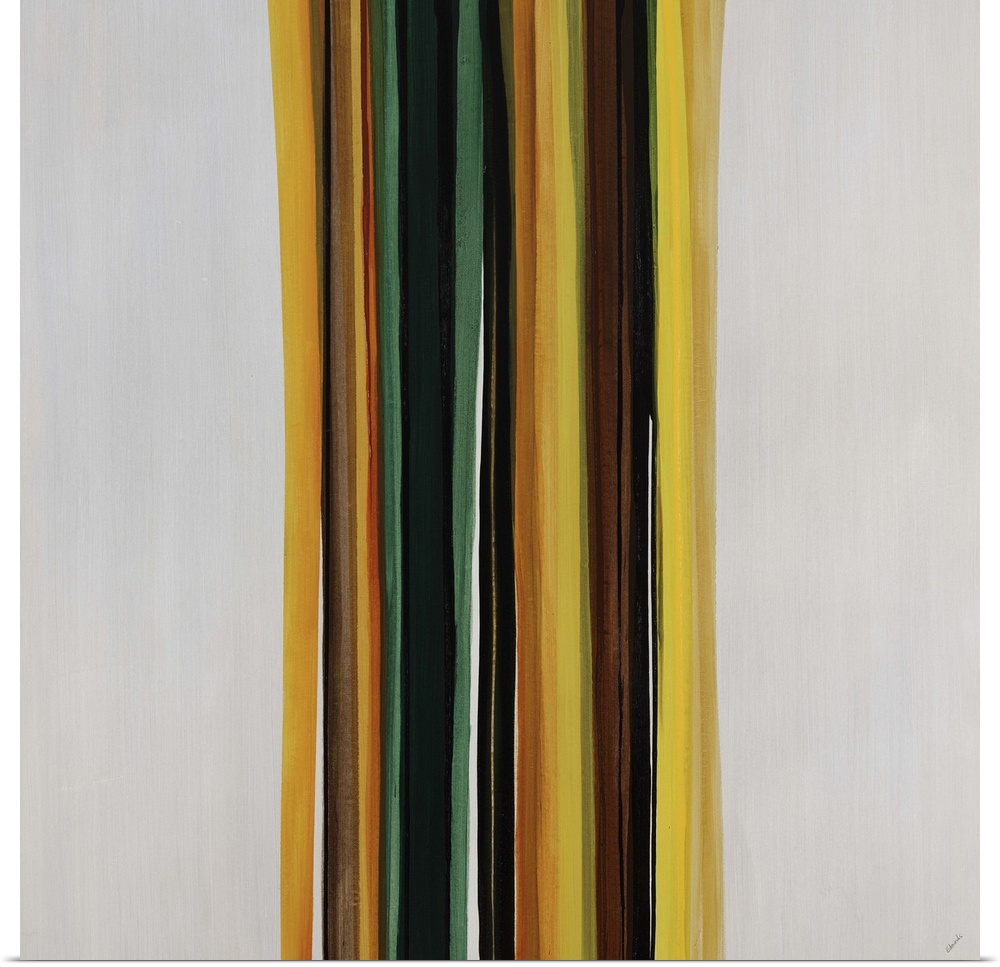 Modern art of a cluster of vertical multicolored stripes that are side by side on a light, neutral background.