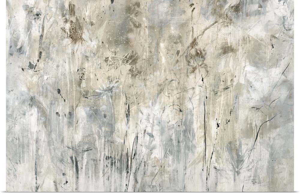 Neutral toned painting with faint abstract flowers spread out across the canvas.
