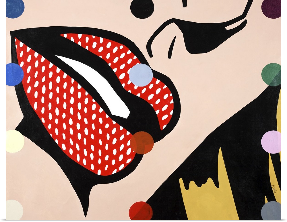 Pop art style painting with a close up of a woman's face highlighting her red lips, with white dots on top and colorful do...