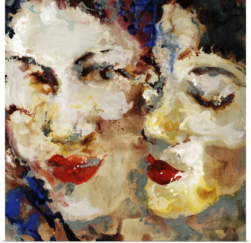 Contemporary painting of two female faces pressed next to each other, each with dark hair and bright red lips.