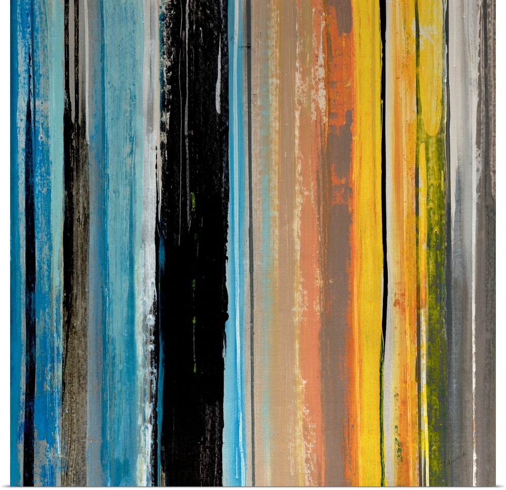 Abstract artwork that shows vertical lines of different colors and different thicknesses across the print.