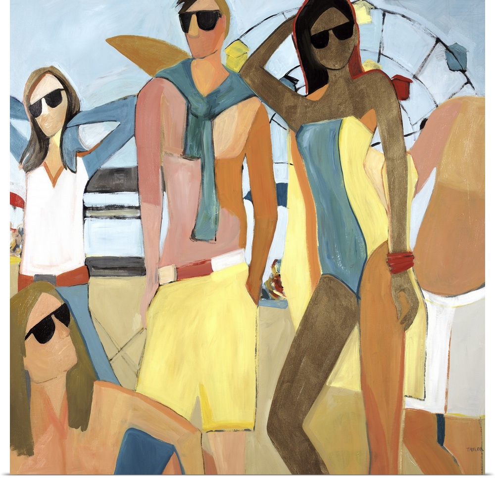 Contemporary painting of cool people wearing summer attire and sunglasses.